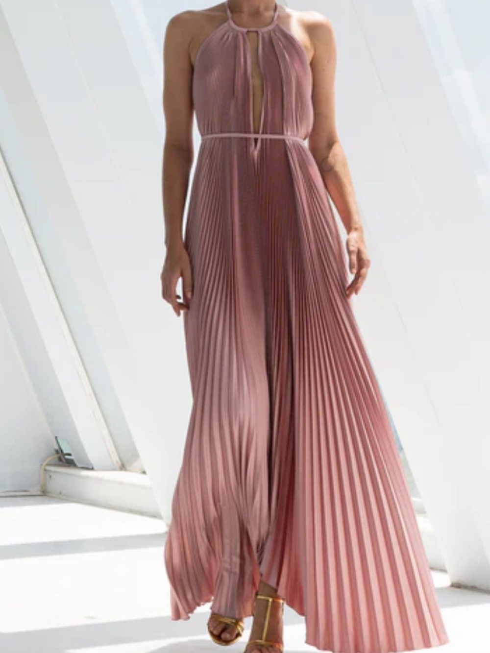 LIDEE Sleeveless Pleated Halter Maxi Dress in Dusty Rose